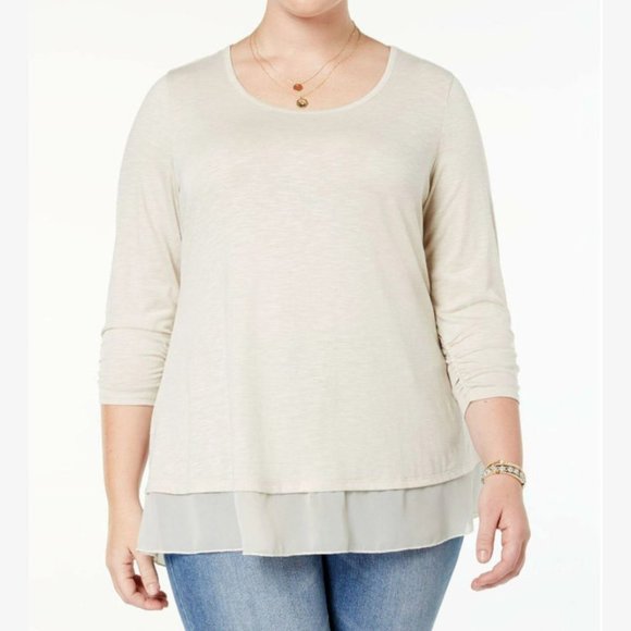 Style & Co Womens T-Shirt Top Plus 0X 3X Beige Chiffon Hem 3/4 Sleeve Crewneck - Picture 1 of 5